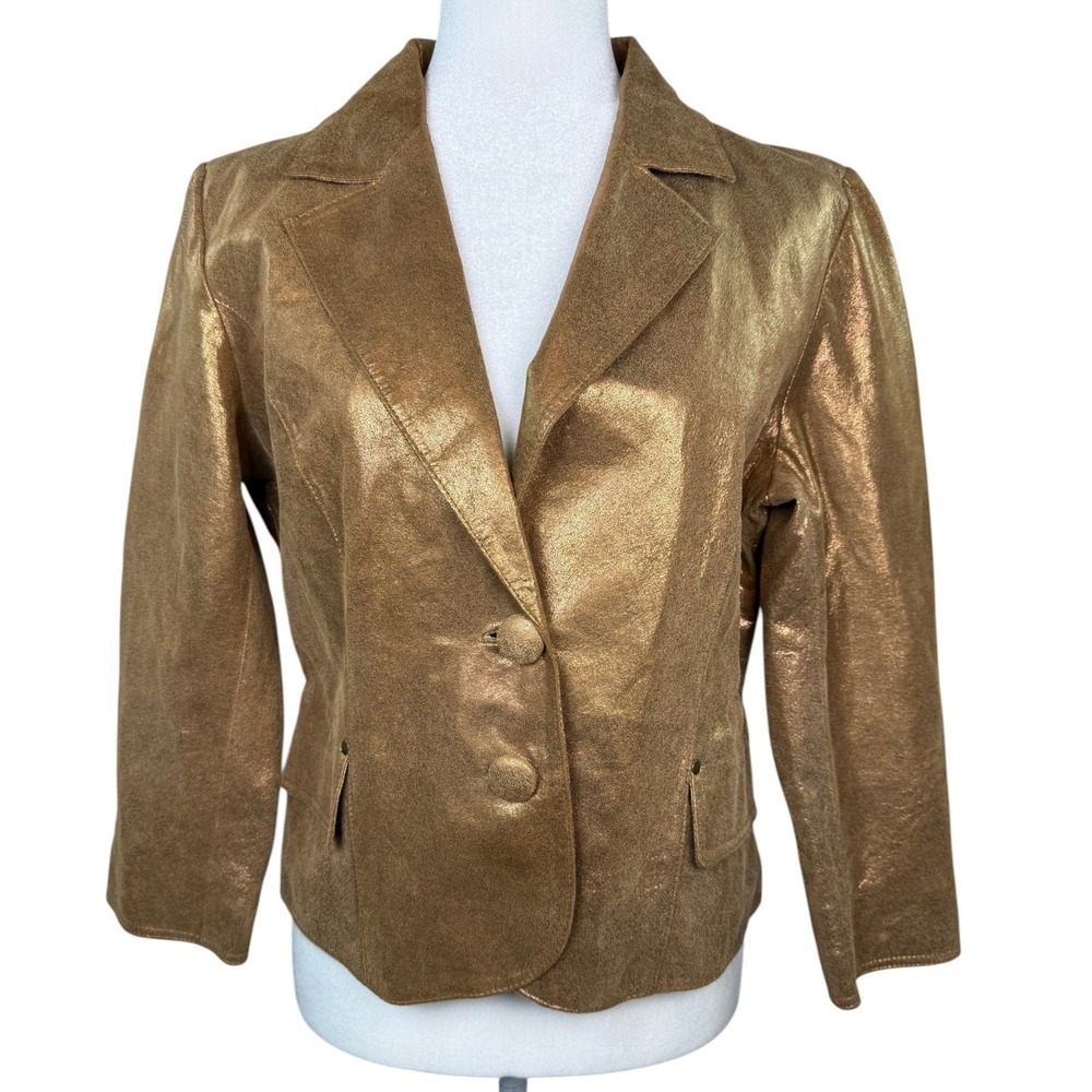 Kenar Size 12 Metallic Gold Genuine Leather Blazer Jacket Two Button